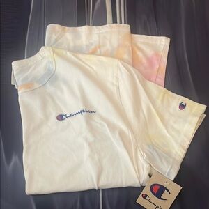 Champion White Tee with Multicolor Accents